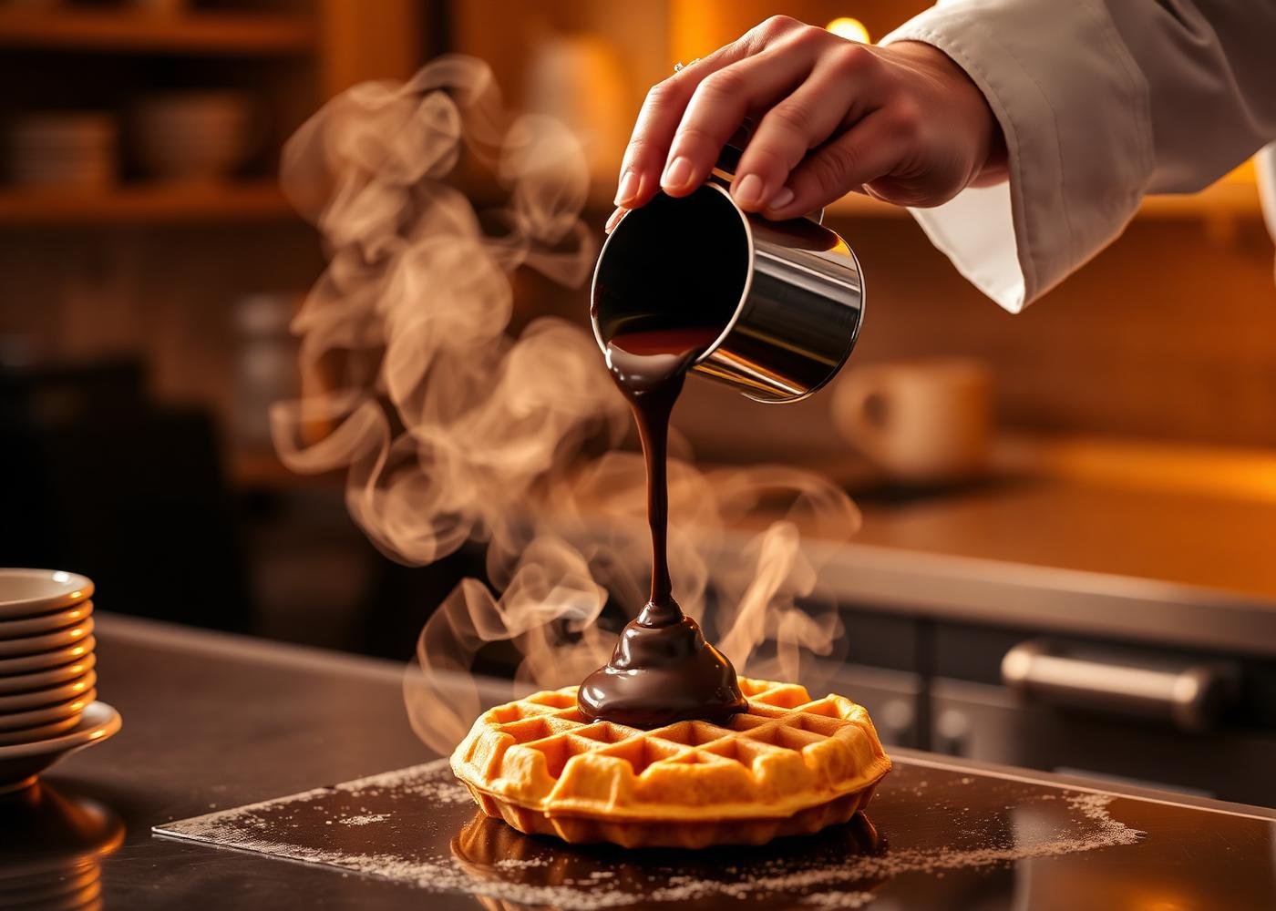 Chef pouring molten chocolate over a waffle
